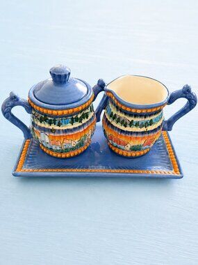Vintage Baum Bros Style Eyes “Village by the Sea” Sugar & Creamer Set w/ Tray
